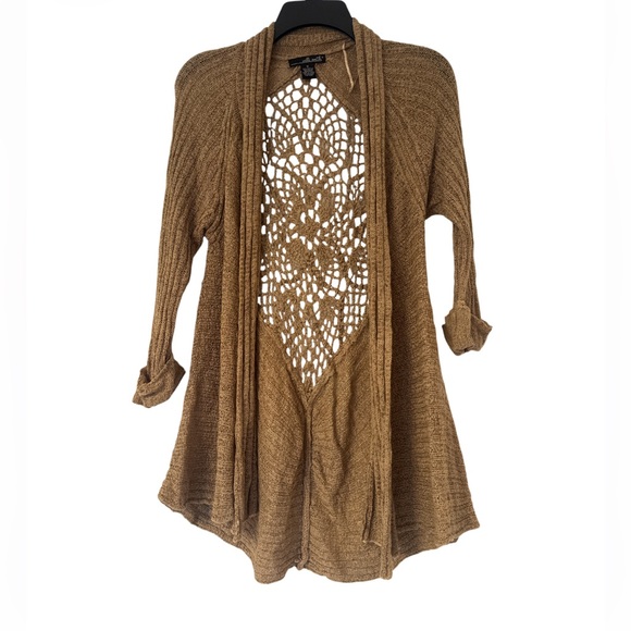 Willi Smith Sweaters - Willi Smith Brown Open-Front Cardigan 3/4 Sleeeve Crochet Back Mandala - Size S